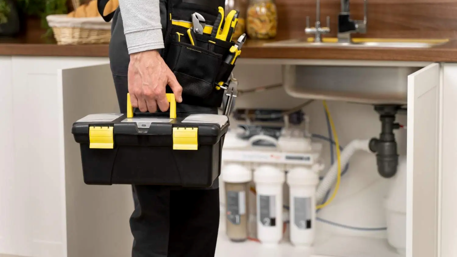 Plumber with a toolbox beside an under-sink water filtration system
